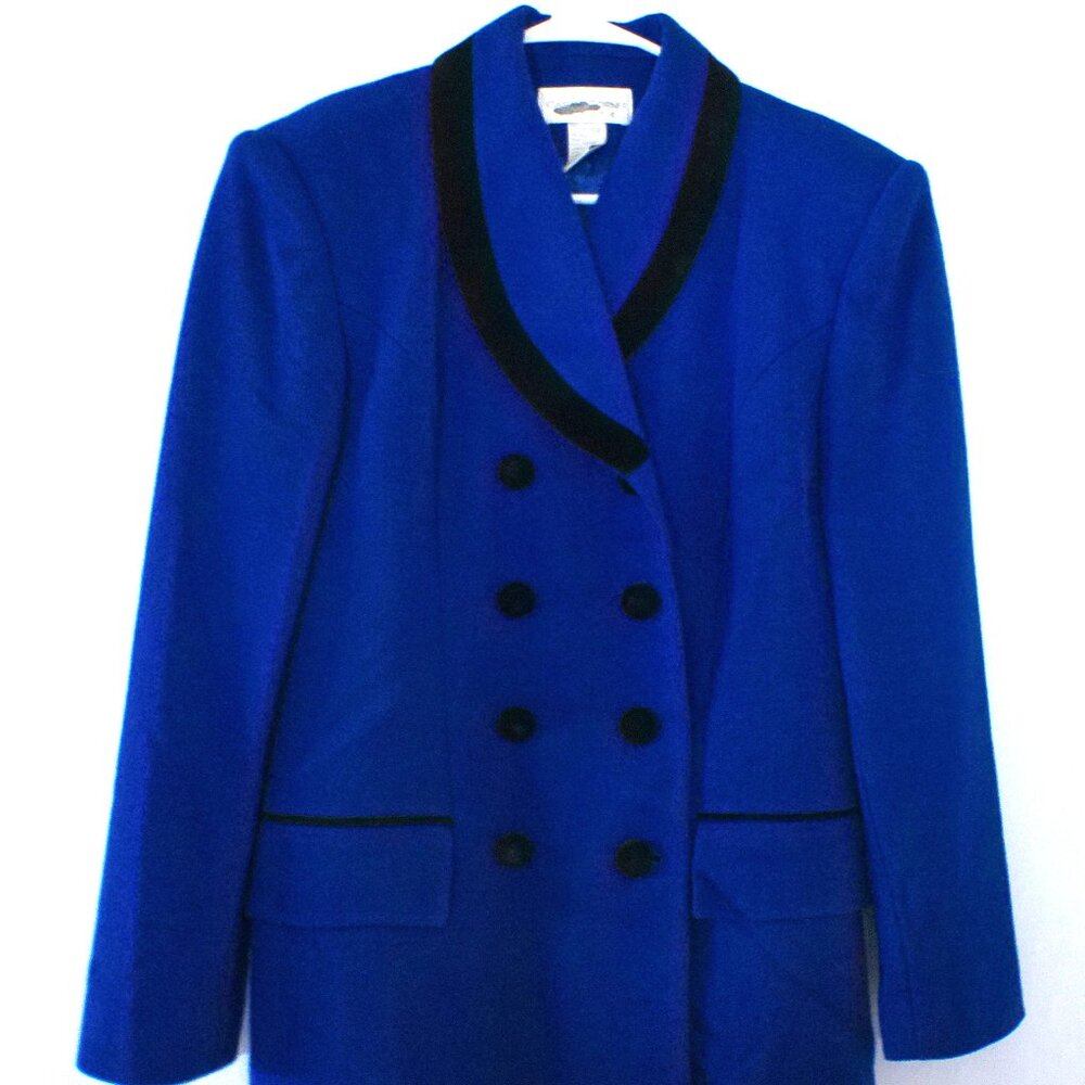Vintage Casual Corner Petite Royal Blue Suit Set 10P Black Trim 90s Power Skirt